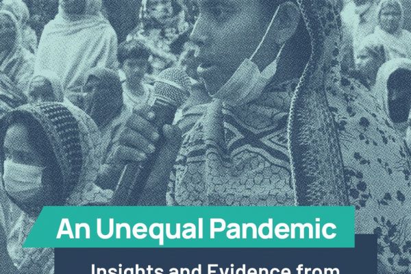 Cover Image of An Unequal Pandemic Report shows a South Asian woman speaking into a microphone in front of a crowd