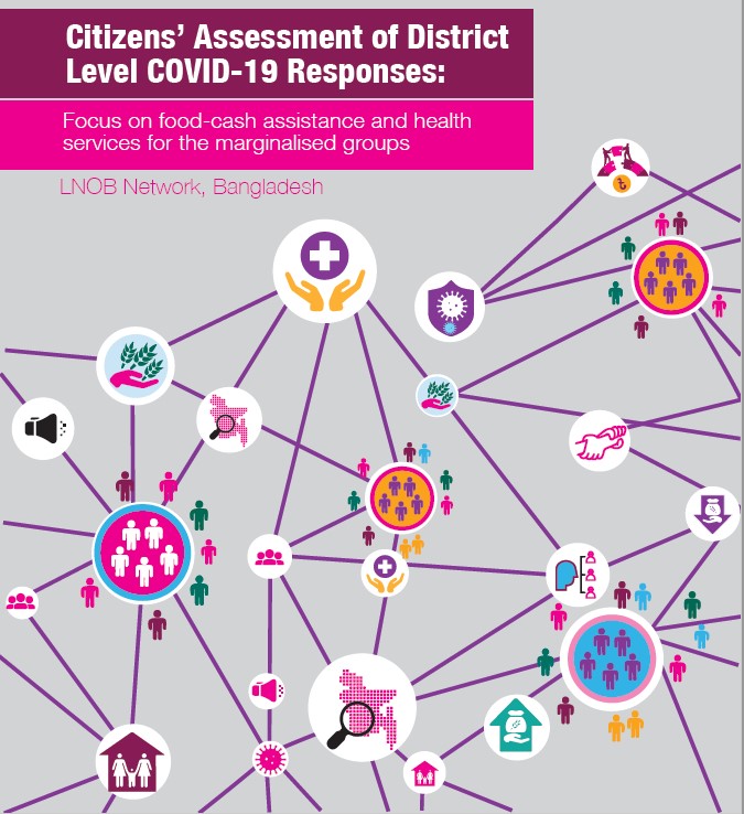 Cover image of the report from the LNOB Bangladesh coalition titled "Citizens’ Assessment of District Level COVID-19 Responses: Focus on food-cash assistance and health services for the marginalised groups"